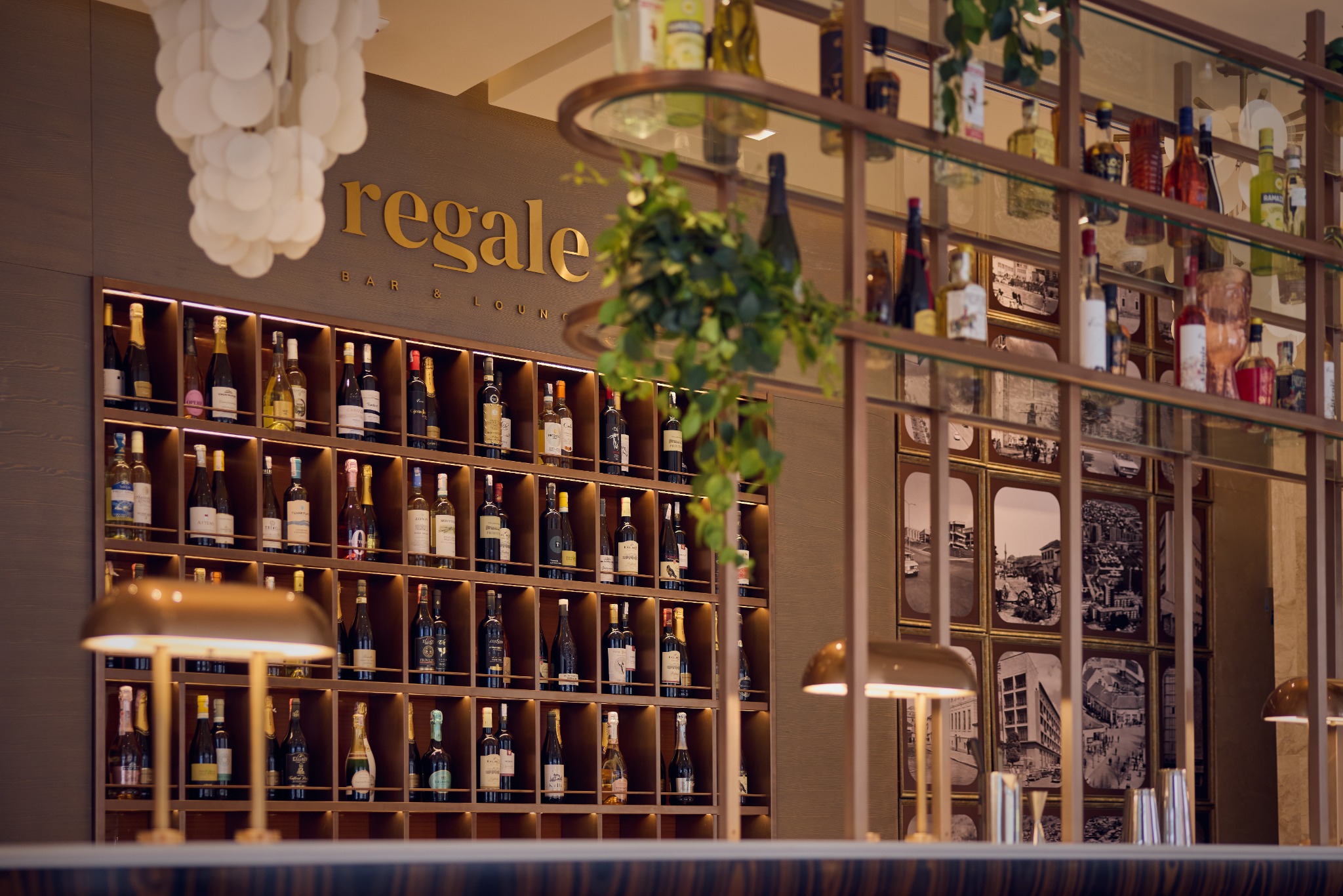 Regale Bar & Lounge interior with gold signage, greenery and illuminated bottle displays